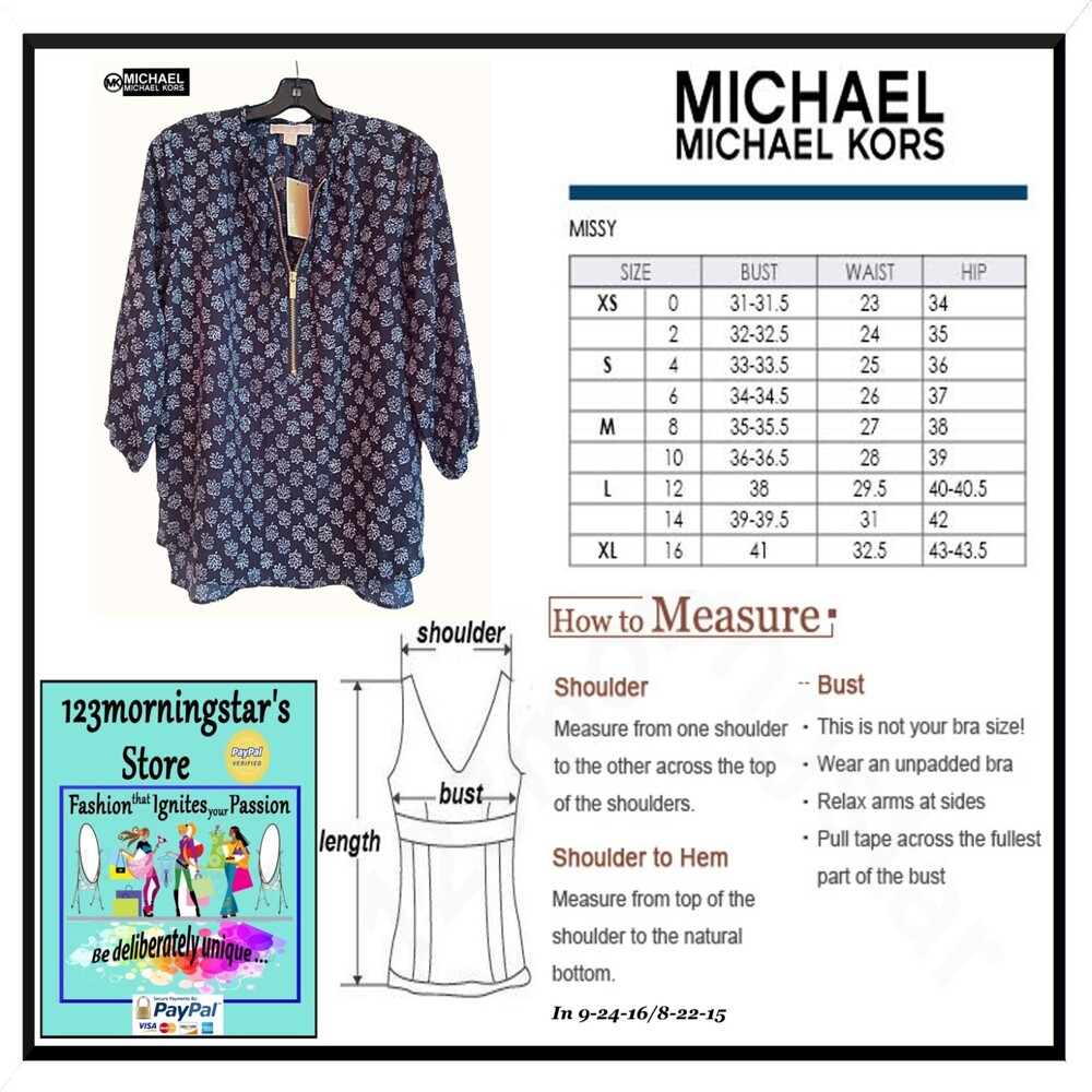 MICHAEL Michael Kors NEW Real Navy Vine-Leaf Zip 3/4 Sleeve Top - Picture 12 of 12